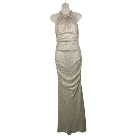 XScape High Neck Halter Metallic Champagne Ruched Formal Gown 4 - Picture 1 of 7